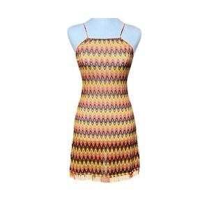 House of Harlow 1960 Chevron Crochet Mini Dress Orange Yellow Beaded Fringe XS